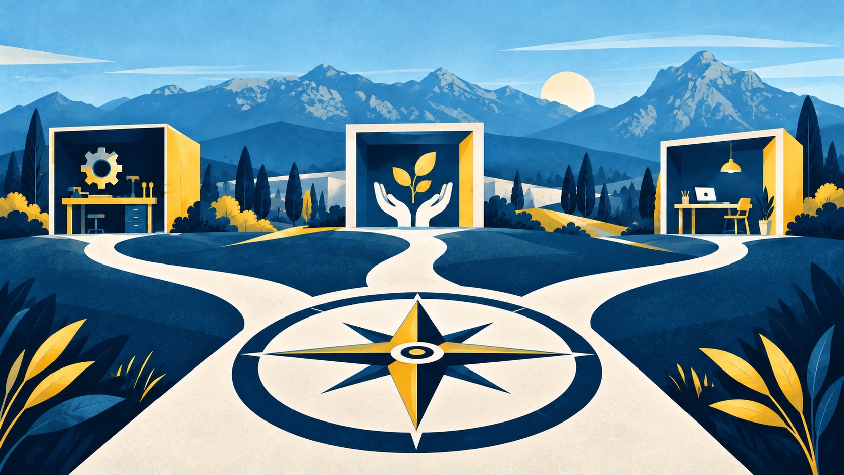 Symbolgrafik in Blau, Creme und Gold: Ein Kompass und verbundene Wege führen zu Handwerk, sozialen Berufen und einem Büroarbeitsplatz.