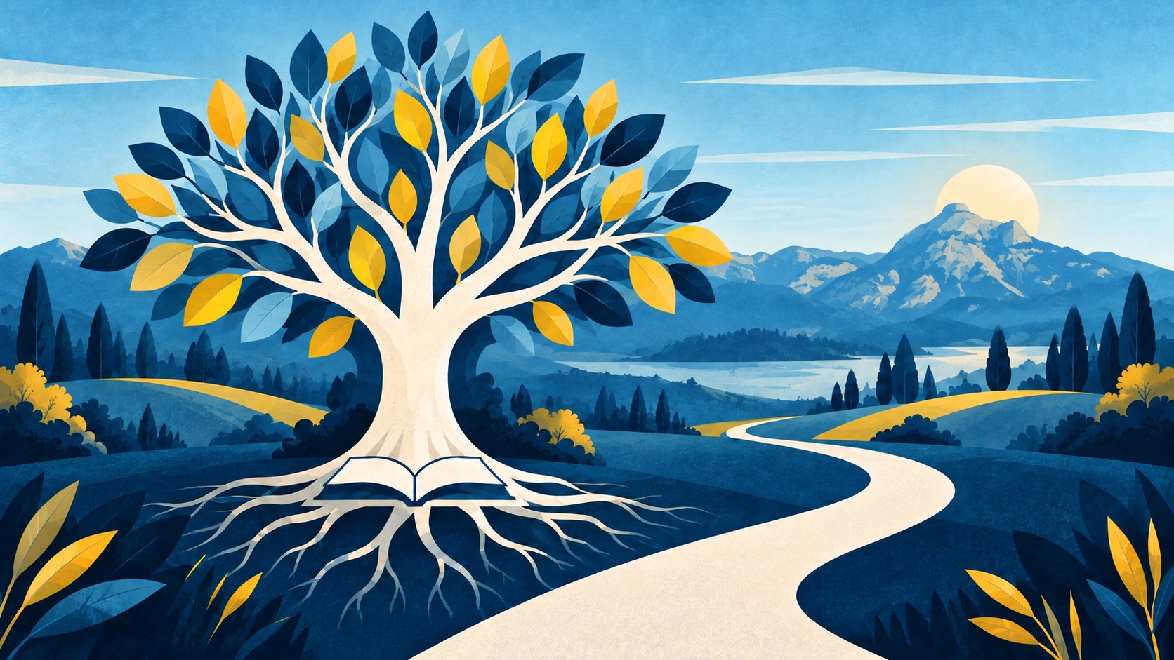 Symbolgrafik in Blau, Creme und Gold: Ein fest verwurzelter Baum mit unterschiedlichen Blättern, einem offenen Buch und einem gemeinsamen Weg steht für Verlässlichkeit und individuelles Wachstum.