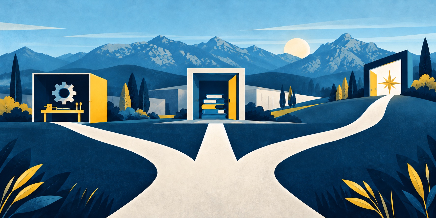 Symbolische Illustration mit drei Wegen zu Ausbildung, Fachoberschule und Gymnasium