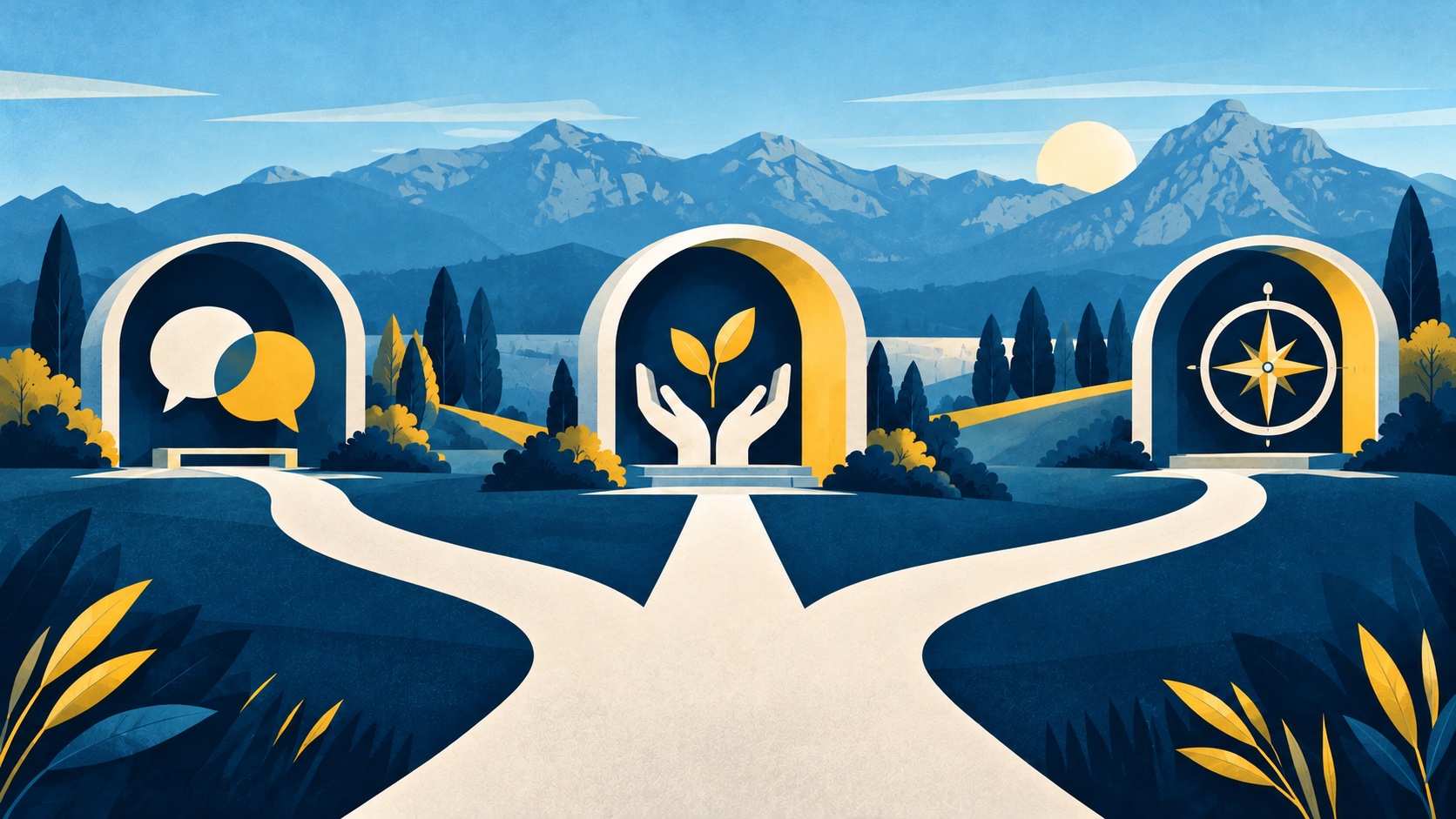 Symbolgrafik in Blau, Creme und Gold: Gesprächsblasen, schützende Hände mit einer Pflanze und ein Kompass stehen für Zuhören, Stärken und Orientierung.